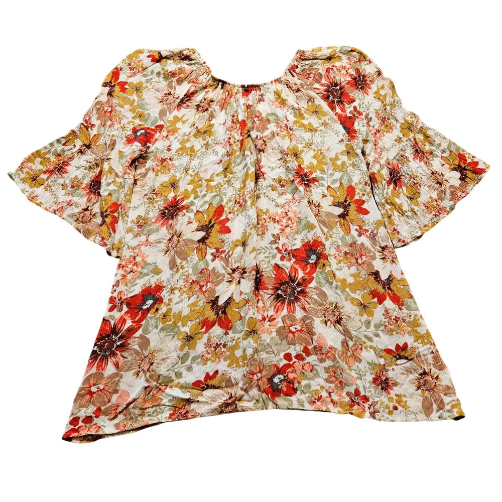 Mogul KSA Women Floral Bell Sleeve Blouse Boho Gathered Neck Top Red Orange XL‎